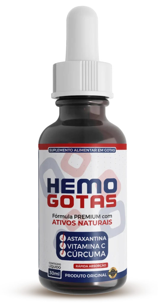 Frasco do suplemento Hemogotas em destaque – gotas naturais para circulação e saúde do sangue.
