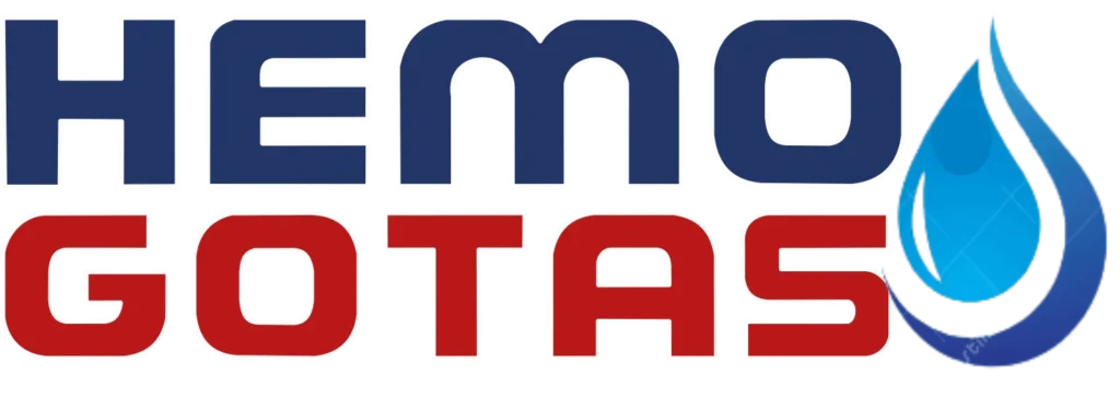 Logo oficial do suplemento Hemogotas com tipografia em azul e vermelho e gota de água estilizada.